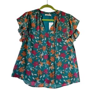 New Beacon Apparel Floral Lined Ruffle‎ Sleeve Blouse Tops Size Large